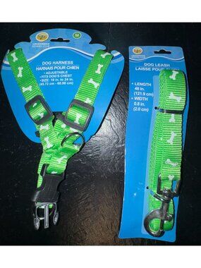 Greenbrier Kennel Club Dog Harness & Leash Set Adjustable Green With Bone Patter